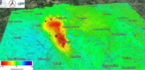 Mappa della deformazione ottenuta elaborando, con la tecnica dell'Interferometria Differenziale, le immagini radar del satellite ALOS 2 acquisite il 09/09/2015 (pre-evento) ed il 24/8/2016 (post-evento); la zona in rosso evidenzia l’area affetta dall’abbassamento (allontanamento dal radar) dovuto agli eventi sismici, che raggiunge circa 20 centimetri in corrispondenza di Accumoli.