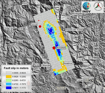 Localizzazione preliminare del piano di faglia che ha generato il terremoto di Amatrice. Il rettangolo rappresenta la proiezione in superficie del piano di frattura, i colori indicano la quantità di scorrimento avvenuto durante la frattura (valori in metri). Sono mostrati anche i due eventi maggiori della sequenza al 25/8 (pentagoni rossi) e tutte le repliche fino al 25/8 (cerchi bianchi).